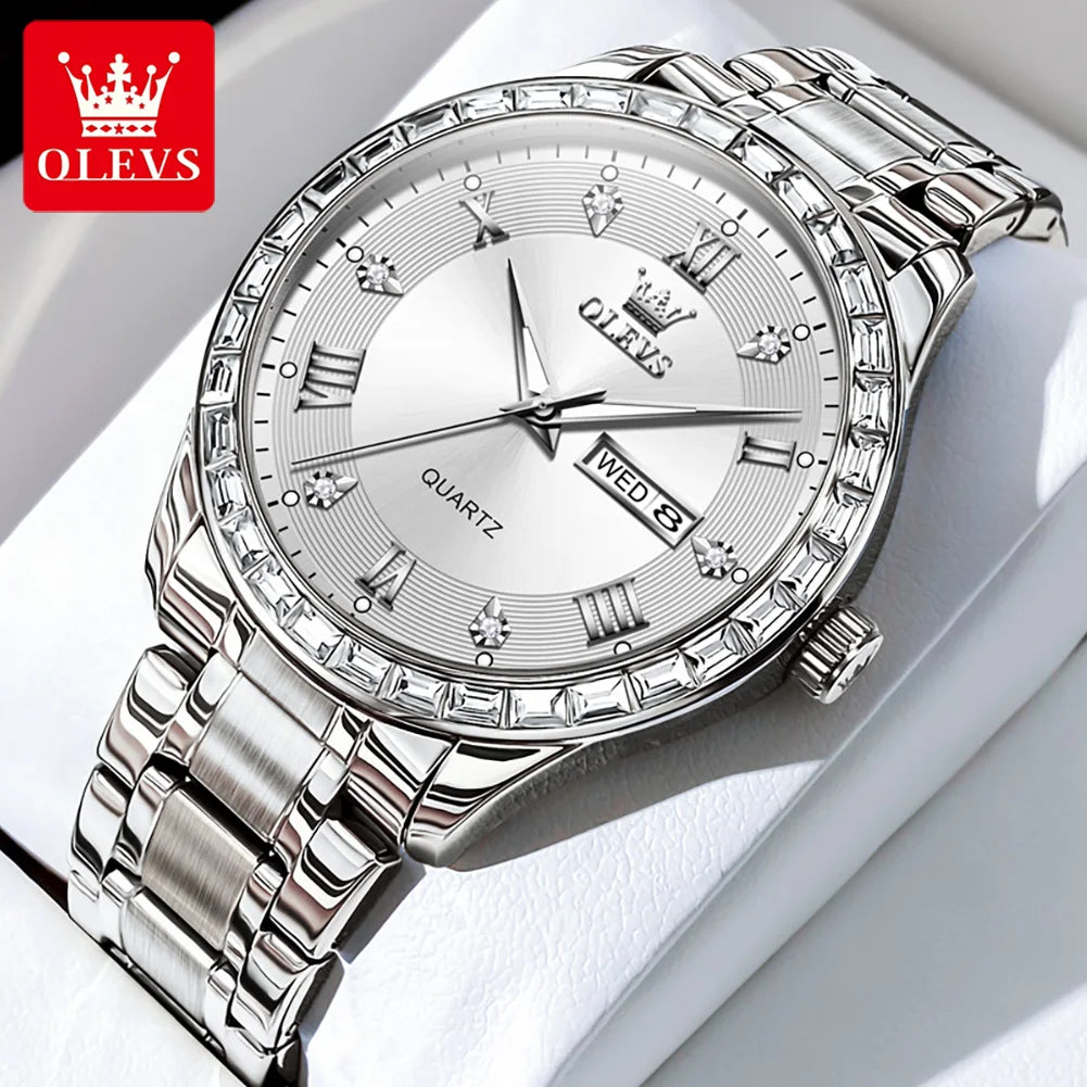 OLEVS Mens Simple Quartz for Man Diamond Roman Dial Dual Calendar