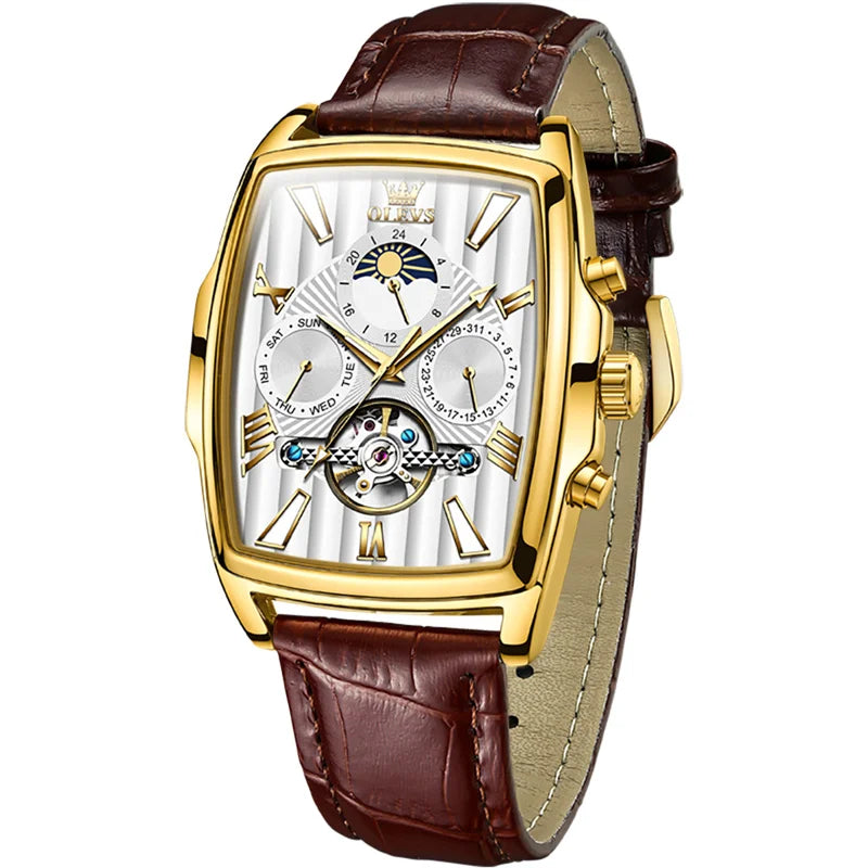 OLEVS Mens Watches Automatic Mechanical Tourbillon Sport Leather Casual Retro Wristwatch Relojes Hombre