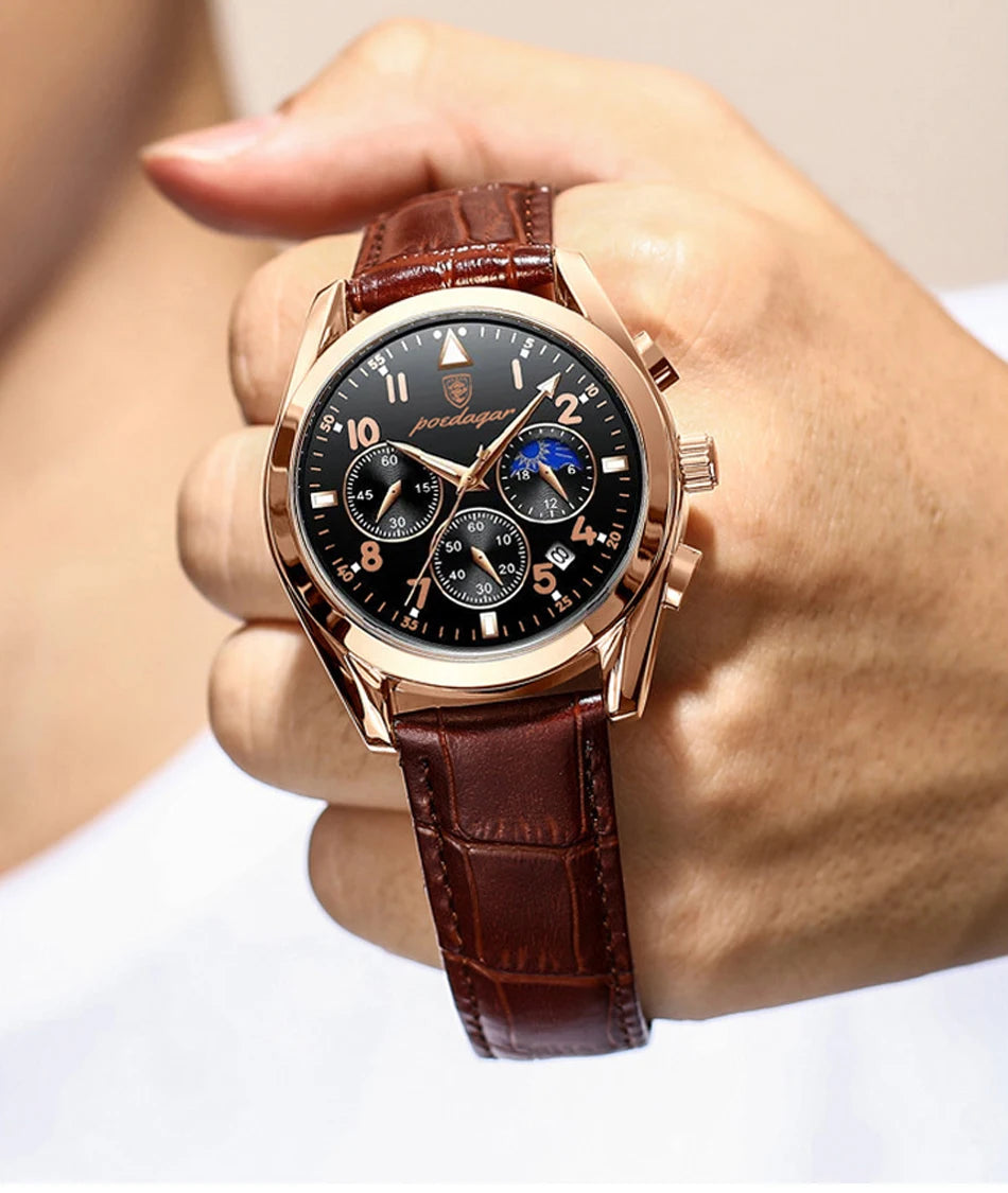 POEDAGAR Men Watches 2021   Leather   Top Brand  Mens Quartz Wristwatch Relogio Masculino