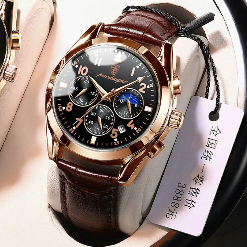 POEDAGAR Men Watches 2021   Leather   Top Brand  Mens Quartz Wristwatch Relogio Masculino