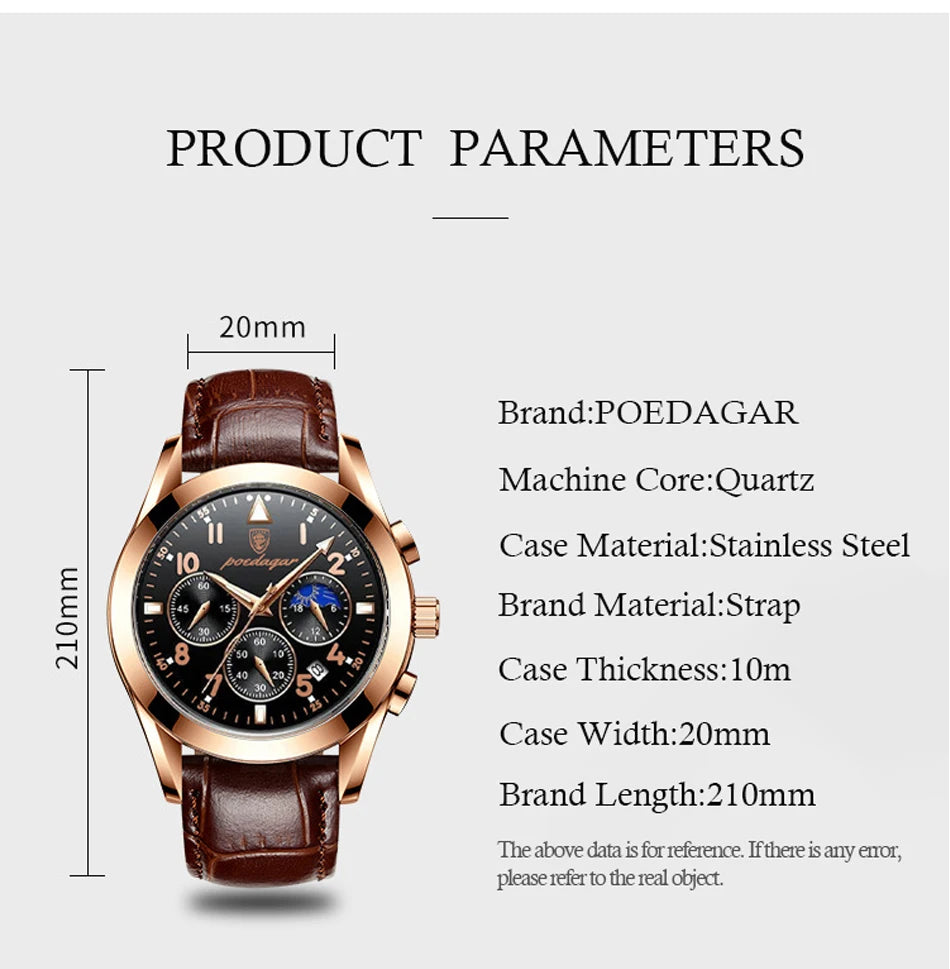 POEDAGAR Men Watches 2021   Leather   Top Brand  Mens Quartz Wristwatch Relogio Masculino