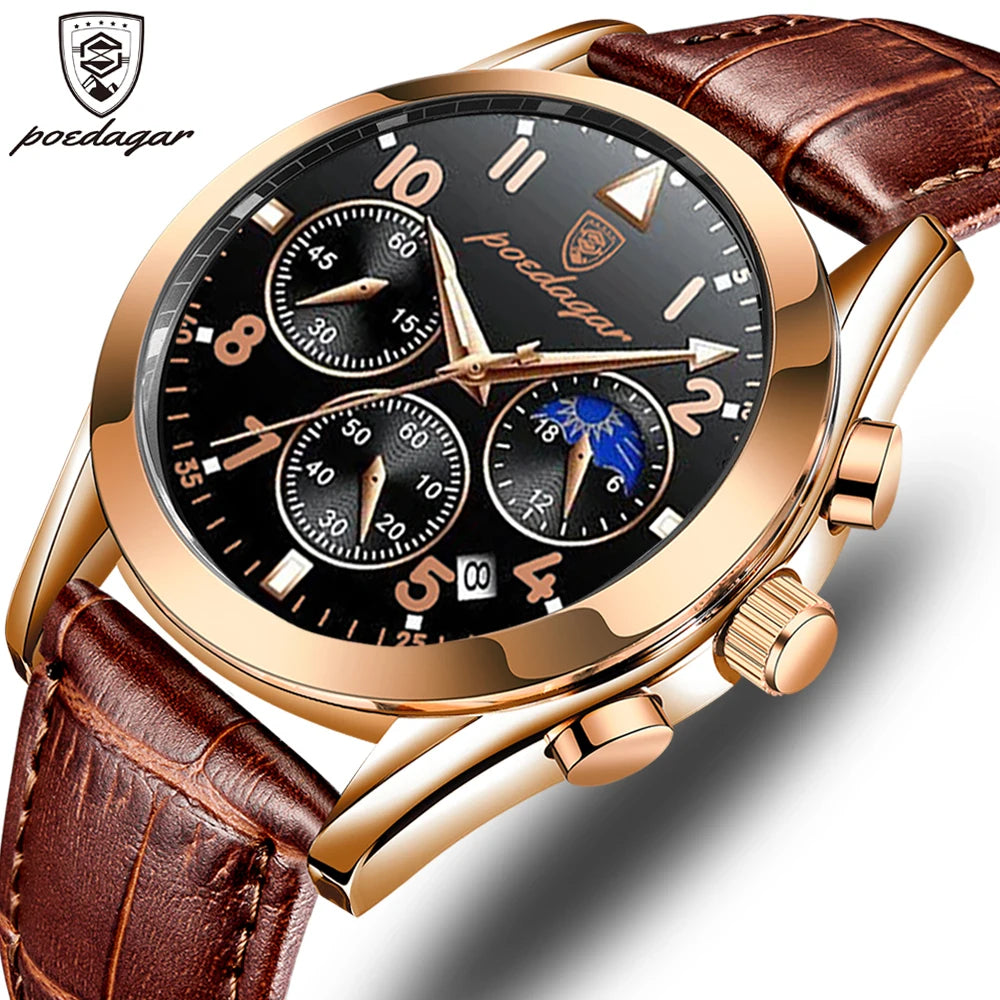 POEDAGAR Men Watches 2021   Leather   Top Brand  Mens Quartz Wristwatch Relogio Masculino