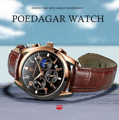 POEDAGAR Men Watches 2021   Leather   Top Brand  Mens Quartz Wristwatch Relogio Masculino