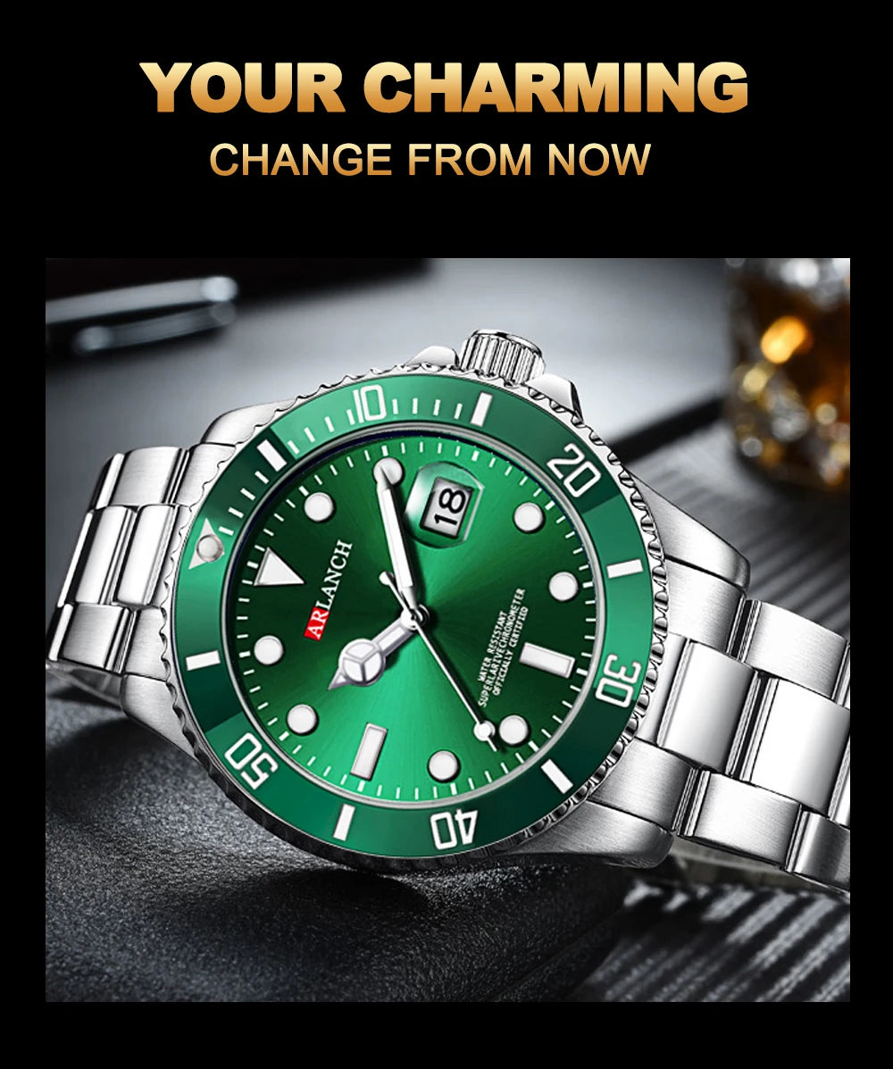 Classic Mens Watch Quartz Green Ghost Diver Series Stainless Steel Waterproof Calendar Clock Business Luxury Watch Reloj Hombre