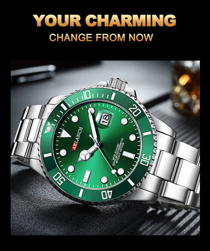 Classic Mens Watch Quartz Green Ghost Diver Series Stainless Steel Waterproof Calendar Clock Business Luxury Watch Reloj Hombre