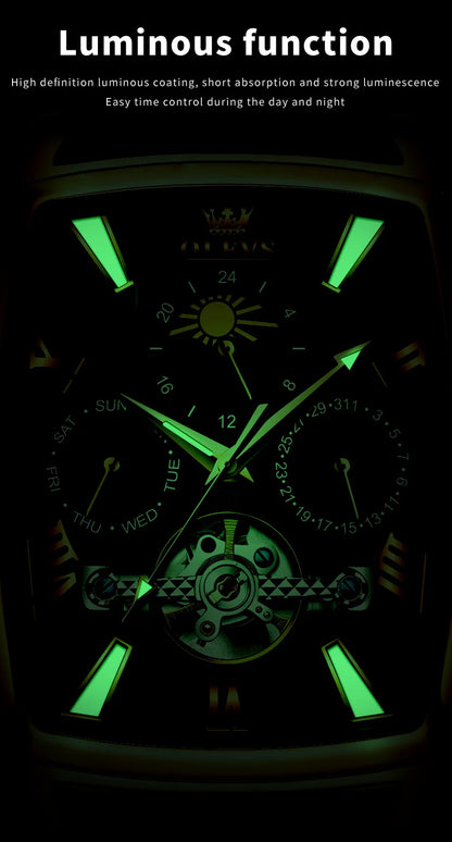 OLEVS Mens Watches Automatic Mechanical  Tourbillon Sport  Leather Casual  Retro Wristwatch Relojes Hombre