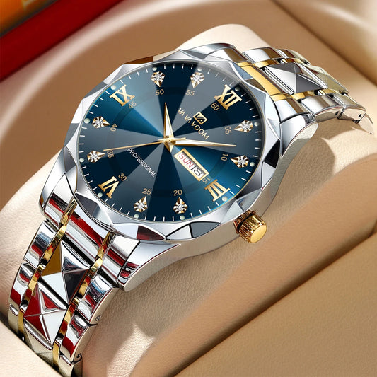 Men  Water Diamond  Night Glow Double Calendar Quartz Movement 41mm Blue Gold