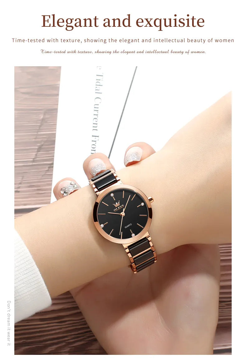 OLEVS  Women Watches Relogio Feminino  Rose Gold  Ladies Quartz Wrist  Ceramic Strap  Reloj Mujer