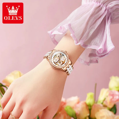 OLEVS 6612 Hollow Original  Mechanical  For Women   Ceramic  Strap Hand  Automatic
