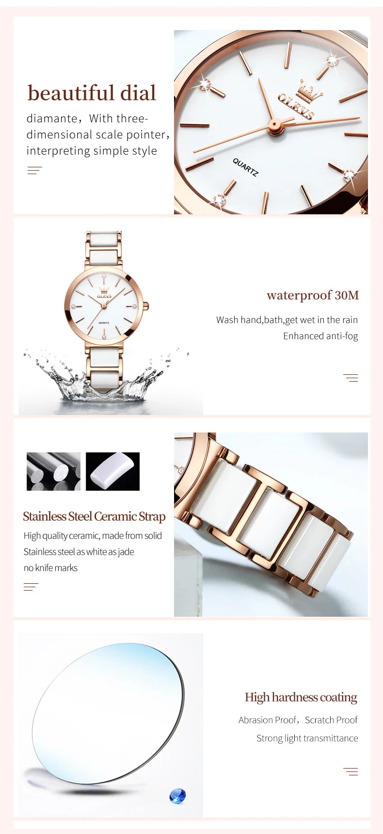 OLEVS  Women Watches Relogio Feminino  Rose Gold  Ladies Quartz Wrist  Ceramic Strap  Reloj Mujer