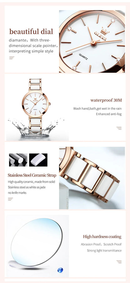 OLEVS  Women Watches Relogio Feminino  Rose Gold  Ladies Quartz Wrist  Ceramic Strap  Reloj Mujer