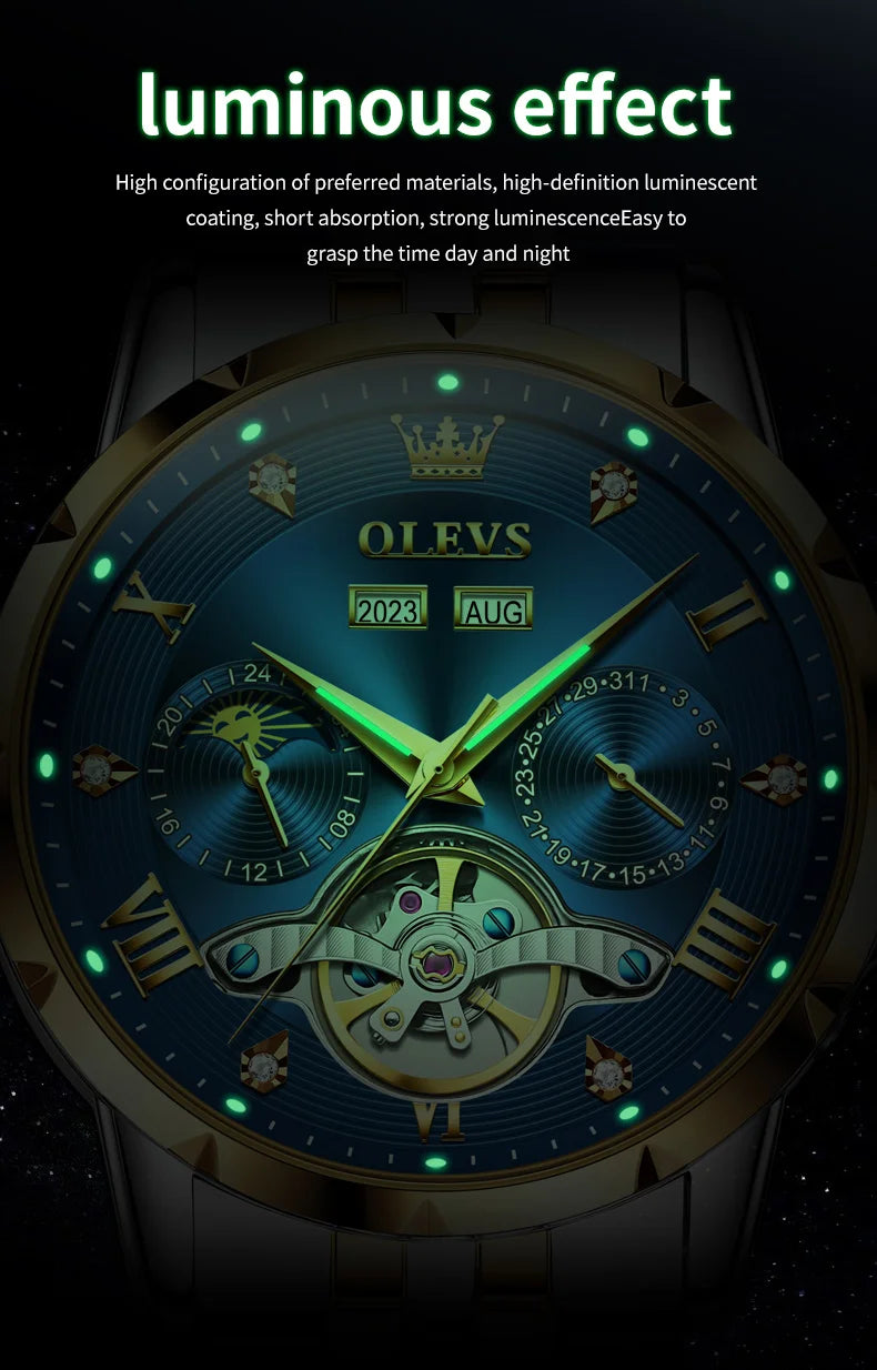 OLEVS Skeleton Multifunctional   Automatic Mechanical  Wrist  For Men    Strap 6691
