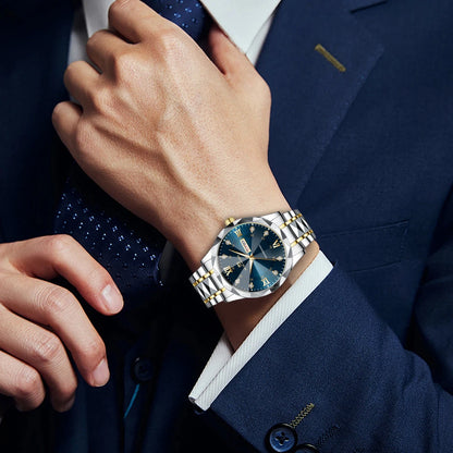 Men  Water Diamond  Night Glow Double Calendar Quartz Movement 41mm Blue Gold