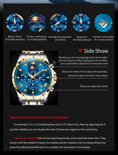 OLEVS 3653 Men   Brand Quartz  Multi functional Automatic  Timer    Moonphase