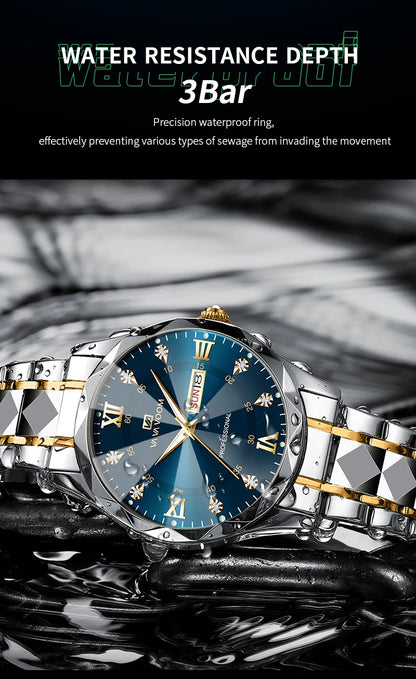 Men  Water Diamond  Night Glow Double Calendar Quartz Movement 41mm Blue Gold