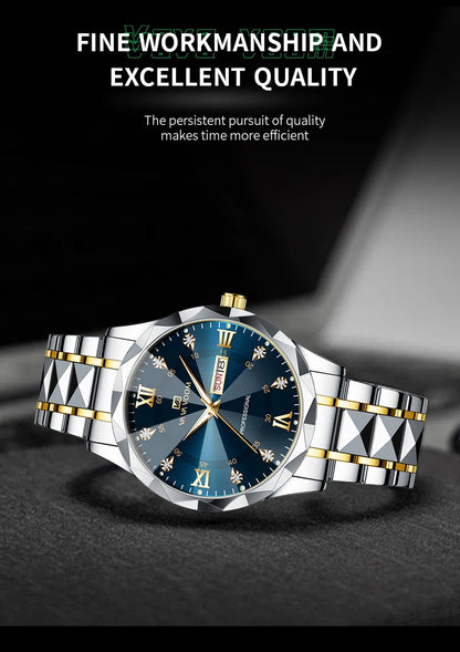 Men  Water Diamond  Night Glow Double Calendar Quartz Movement 41mm Blue Gold