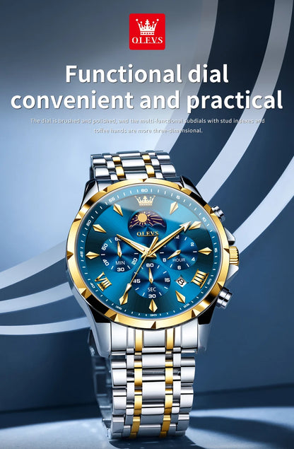 OLEVS 3653 Men   Brand Quartz  Multi functional Automatic  Timer    Moonphase