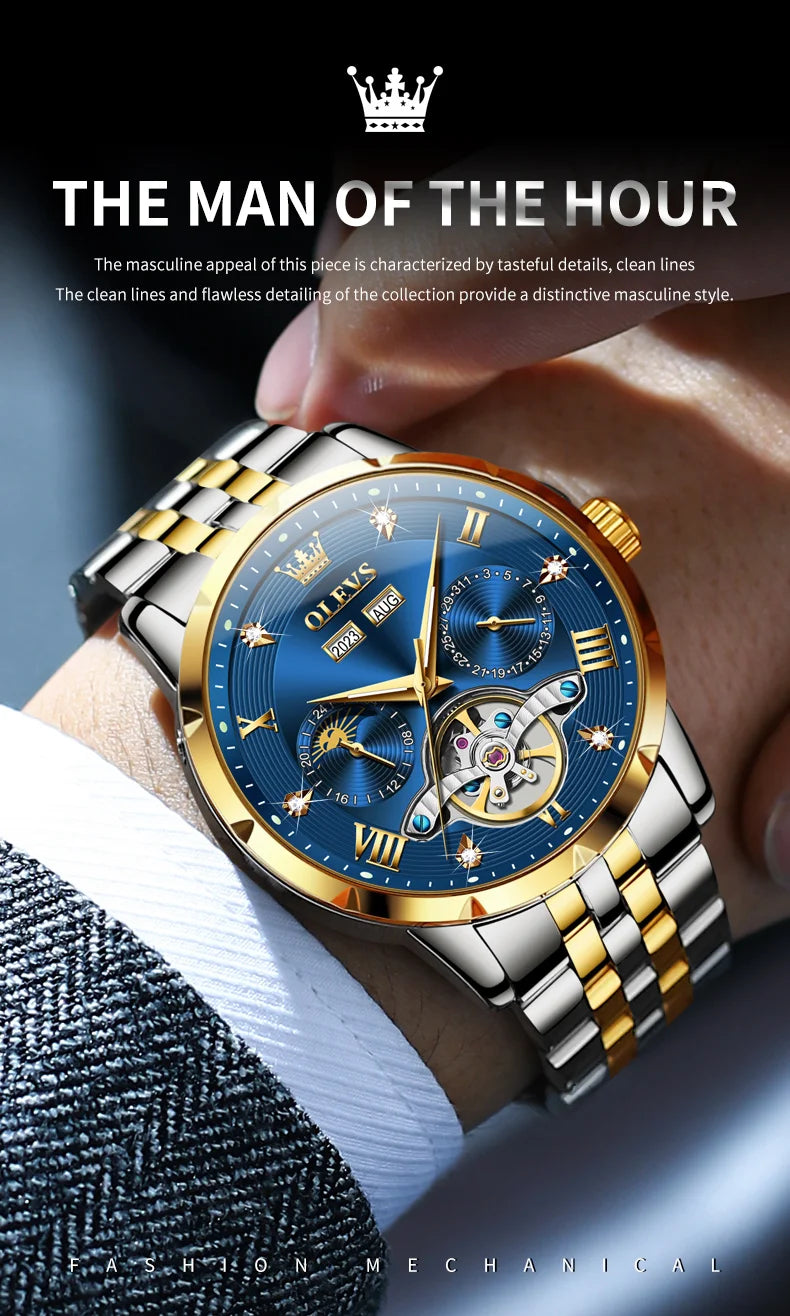 OLEVS Skeleton Multifunctional   Automatic Mechanical  Wrist  For Men    Strap 6691