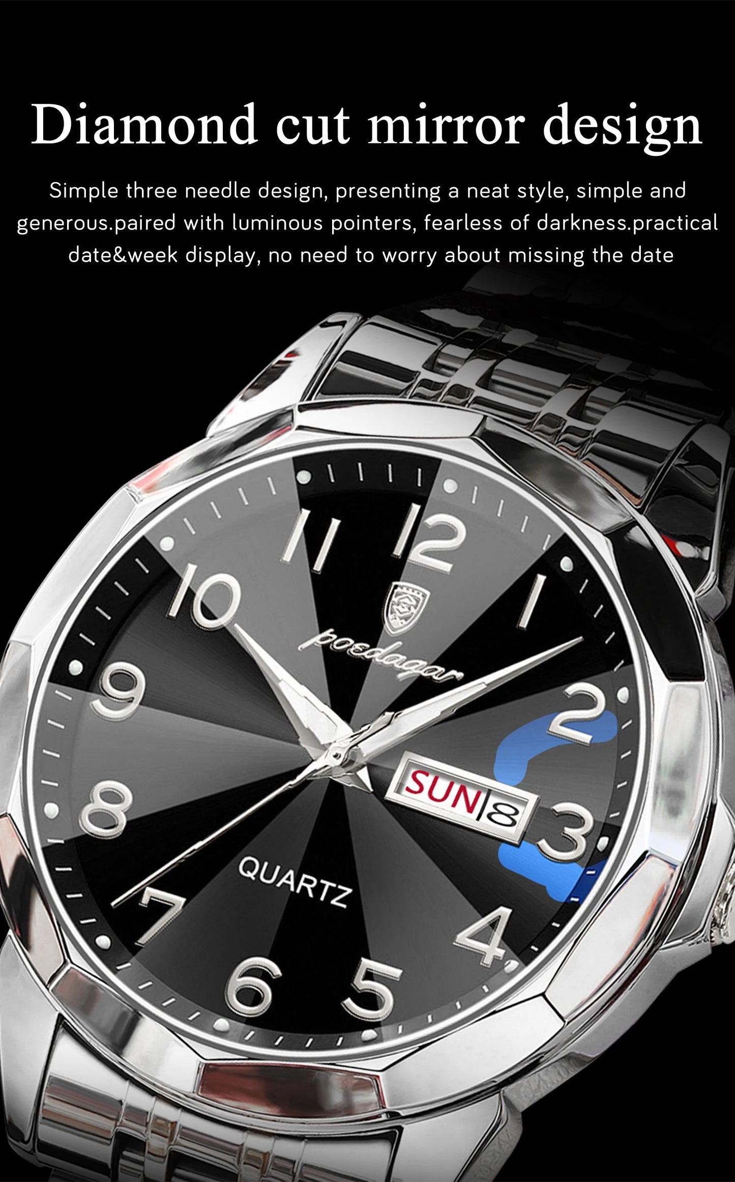 POEDAGAR Men‘s Watches Trend  Original Quartz  for Man Rhombus Mirror Waterpoof   Wristwatch  Week