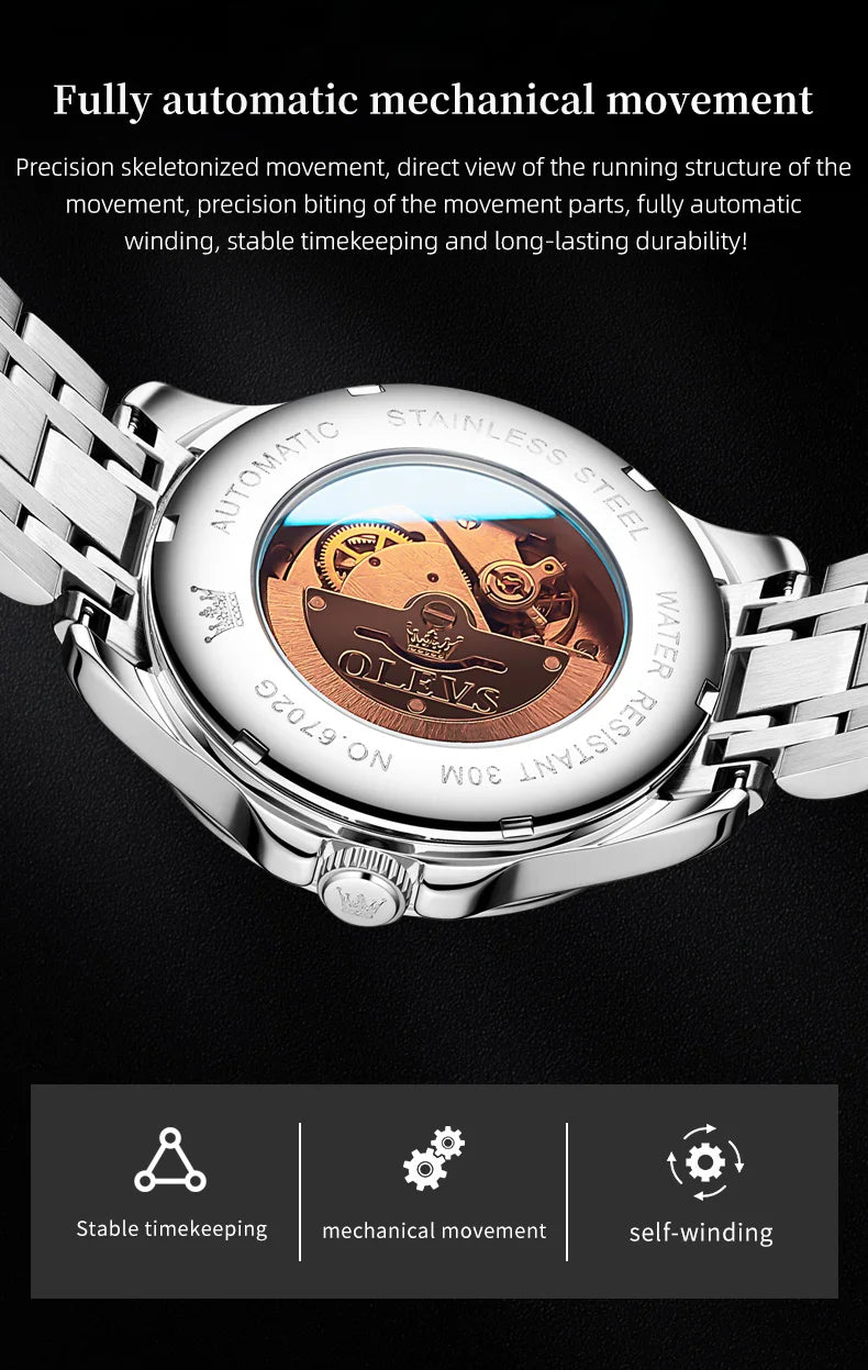 OLEVS Mens Watches  Automatic Mechanical  For Man    Stee  Bands Roman Numeral 6702