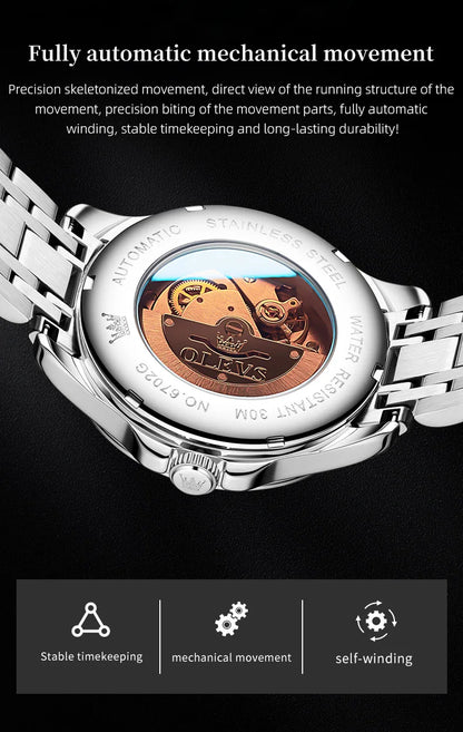 OLEVS Mens Watches  Automatic Mechanical  For Man    Stee  Bands Roman Numeral 6702