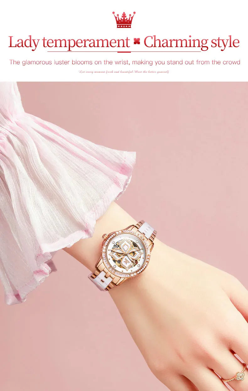 OLEVS 6612 Hollow Original  Mechanical  For Women   Ceramic  Strap Hand  Automatic