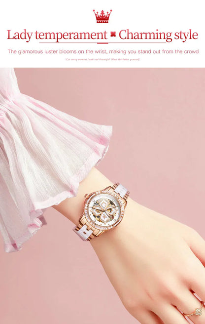 OLEVS 6612 Hollow Original  Mechanical  For Women   Ceramic  Strap Hand  Automatic