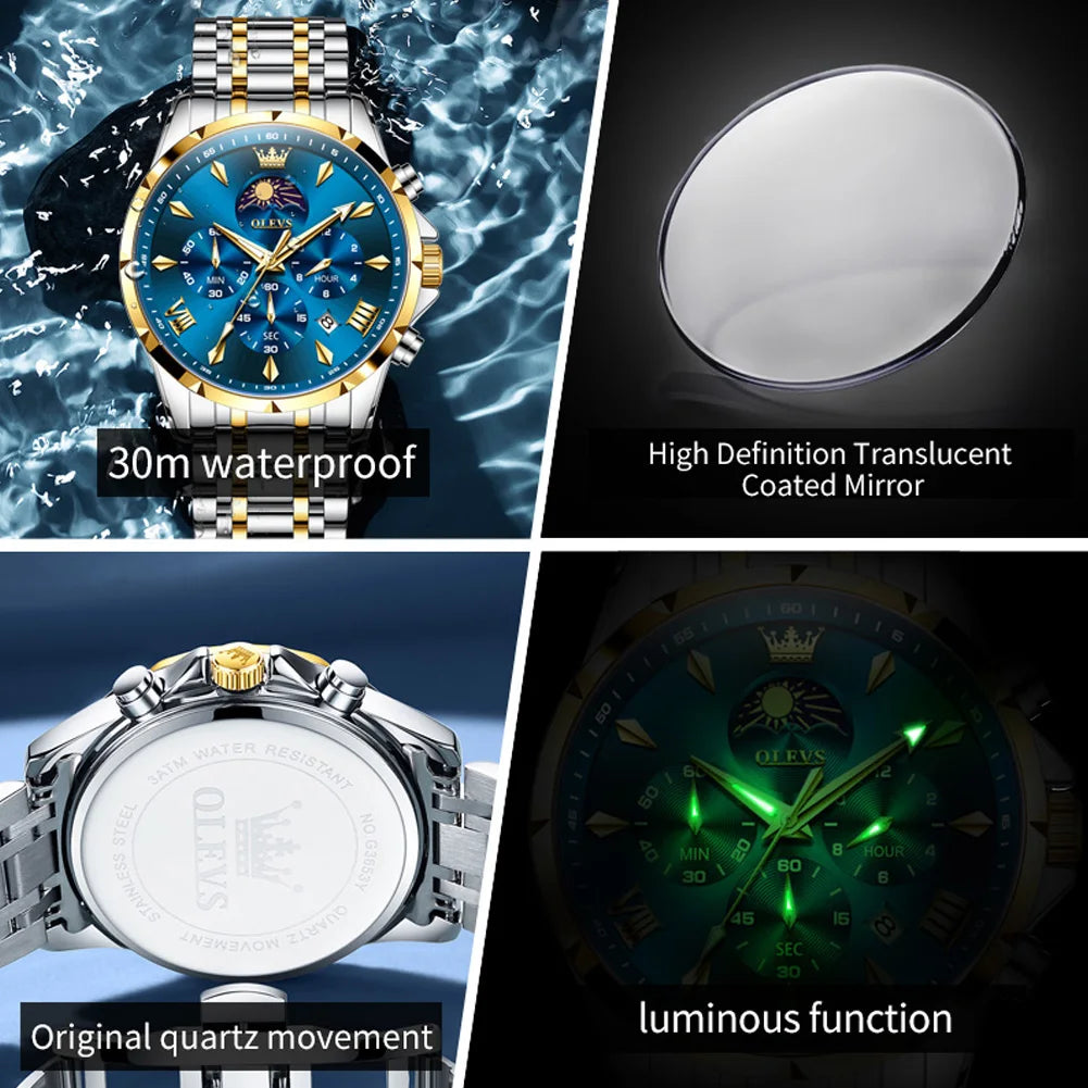 OLEVS 3653 Men   Brand Quartz  Multi functional Automatic  Timer    Moonphase
