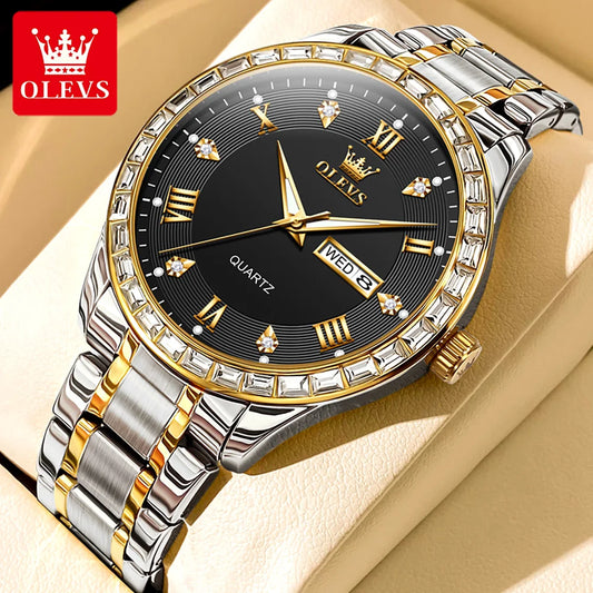 OLEVS  Mens  Simple     Quartz  for Man Diamond Roman Dial  Dual Calendar