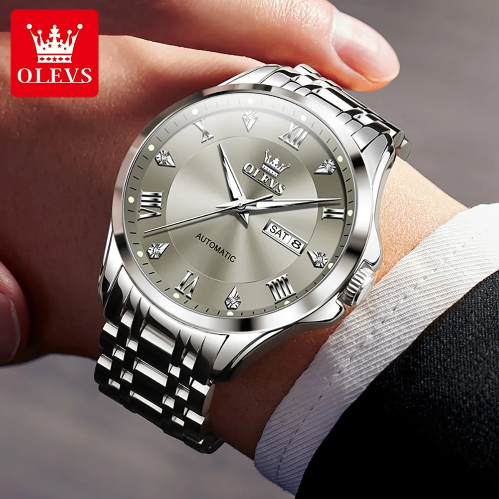 OLEVS Mens Watches  Automatic Mechanical  For Man    Stee  Bands Roman Numeral 6702
