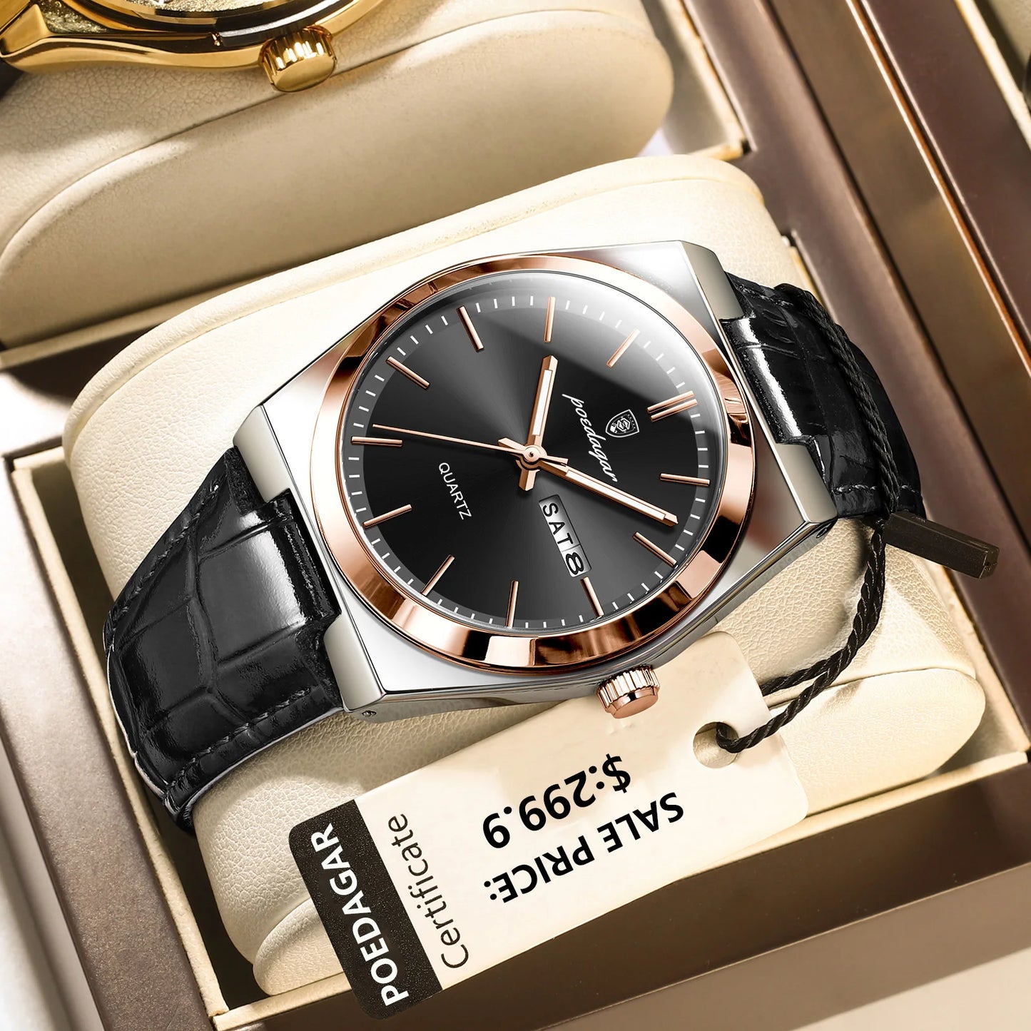 POEDAGAR   for Men Military Leather Man Wristwatch Quartz     Week  Watches Reloj+box
