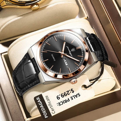 POEDAGAR   for Men Military Leather Man Wristwatch Quartz     Week  Watches Reloj+box