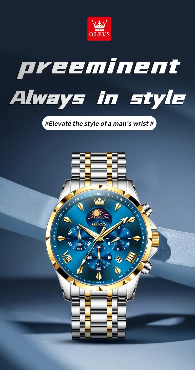OLEVS 3653 Men   Brand Quartz  Multi functional Automatic  Timer    Moonphase