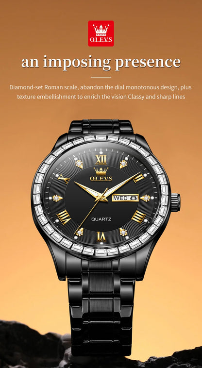 OLEVS  Mens  Simple     Quartz  for Man Diamond Roman Dial  Dual Calendar