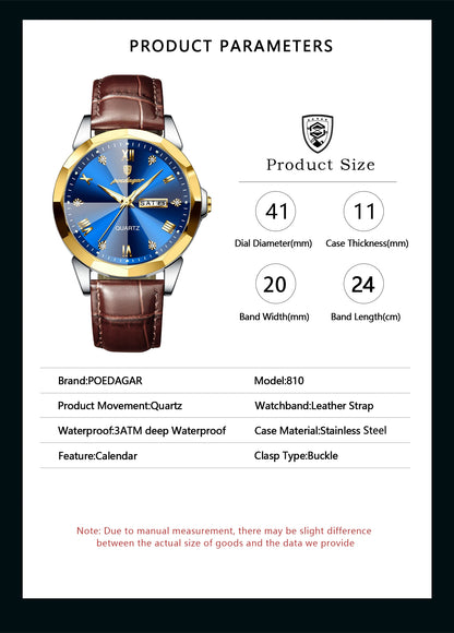 POEDAGAR  Man Wristwatch High Quality Quartz   Men     Week Leather  Watches
