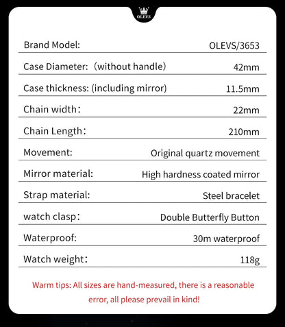 OLEVS 3653 Men   Brand Quartz  Multi functional Automatic  Timer    Moonphase