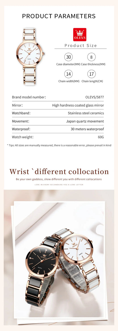 OLEVS  Women Watches Relogio Feminino  Rose Gold  Ladies Quartz Wrist  Ceramic Strap  Reloj Mujer