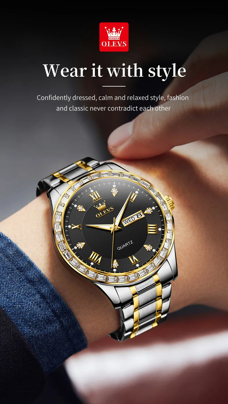 OLEVS  Mens  Simple     Quartz  for Man Diamond Roman Dial  Dual Calendar