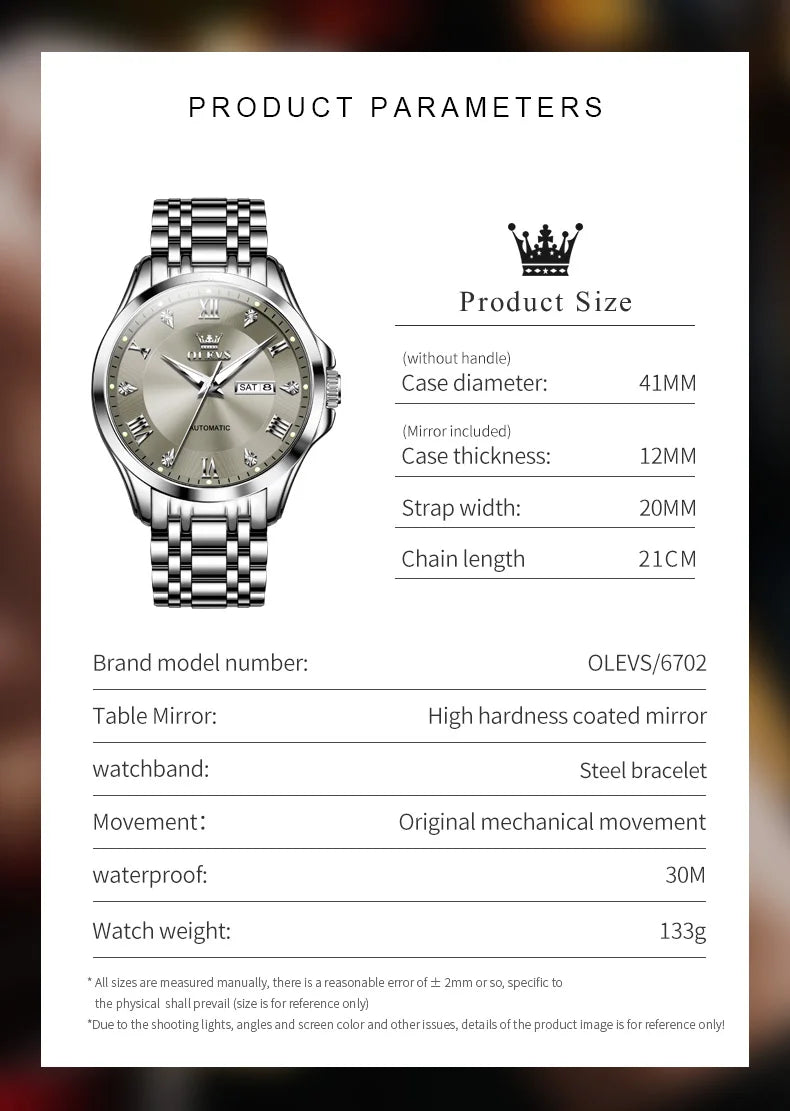 OLEVS Mens Watches  Automatic Mechanical  For Man    Stee  Bands Roman Numeral 6702