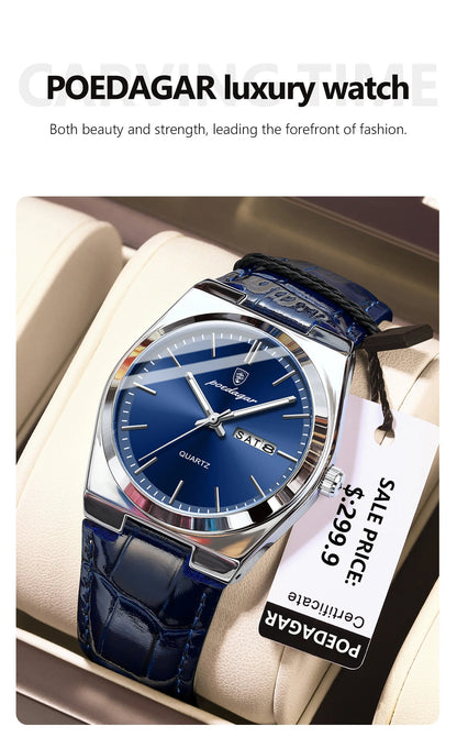 POEDAGAR   for Men Military Leather Man Wristwatch Quartz     Week  Watches Reloj+box
