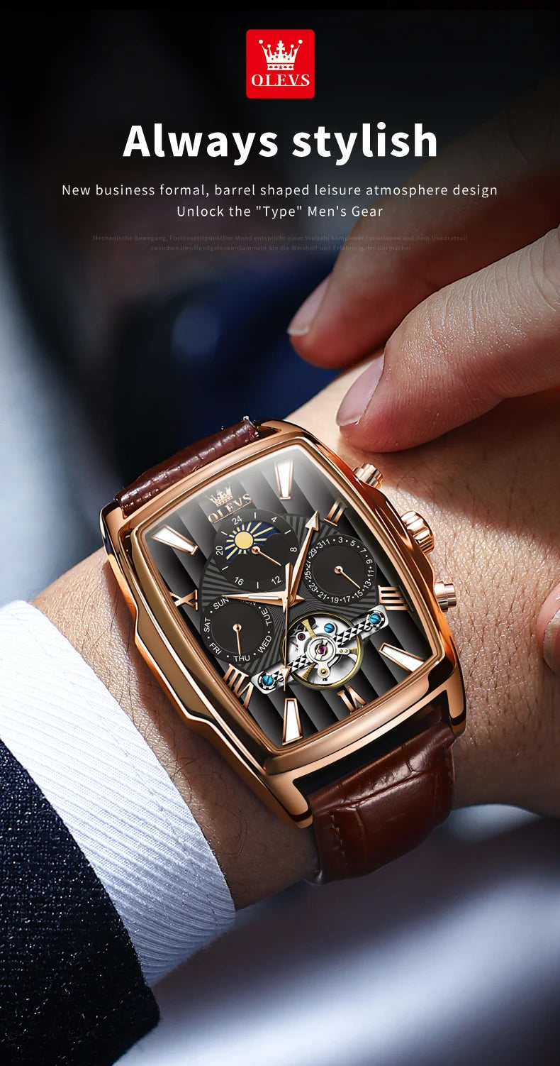 OLEVS Mens Watches Automatic Mechanical  Tourbillon Sport  Leather Casual  Retro Wristwatch Relojes Hombre