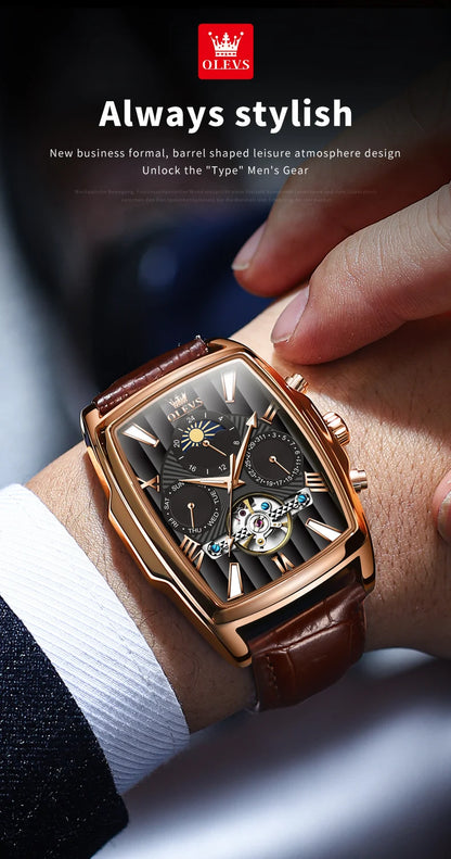 OLEVS Mens Watches Automatic Mechanical  Tourbillon Sport  Leather Casual  Retro Wristwatch Relojes Hombre