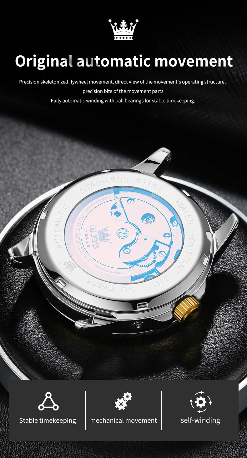 OLEVS Skeleton Multifunctional   Automatic Mechanical  Wrist  For Men    Strap 6691