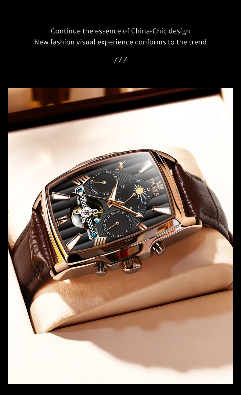 OLEVS Mens Watches Automatic Mechanical  Tourbillon Sport  Leather Casual  Retro Wristwatch Relojes Hombre
