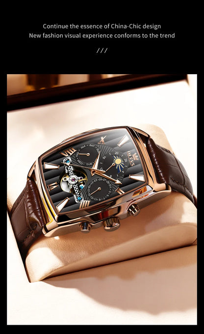 OLEVS Mens Watches Automatic Mechanical  Tourbillon Sport  Leather Casual  Retro Wristwatch Relojes Hombre