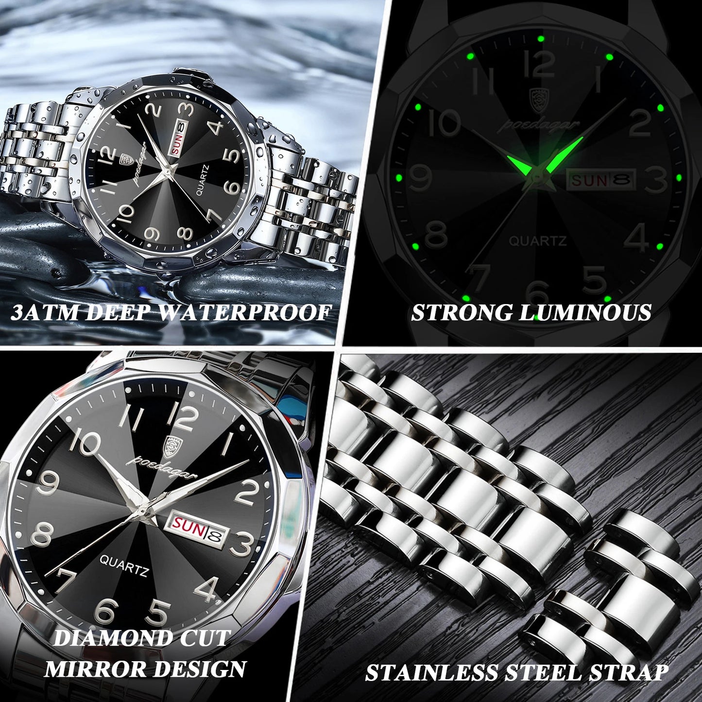 POEDAGAR Men‘s Watches Trend  Original Quartz  for Man Rhombus Mirror Waterpoof   Wristwatch  Week