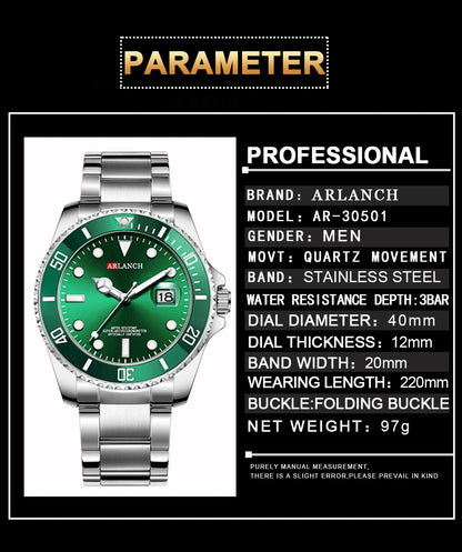 Classic Mens Watch Quartz Green Ghost Diver Series Stainless Steel Waterproof Calendar Clock Business Luxury Watch Reloj Hombre