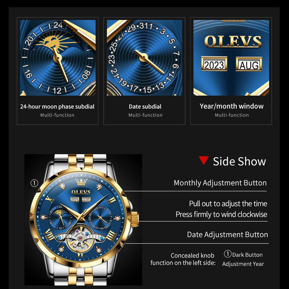 OLEVS Skeleton Multifunctional   Automatic Mechanical  Wrist  For Men    Strap 6691