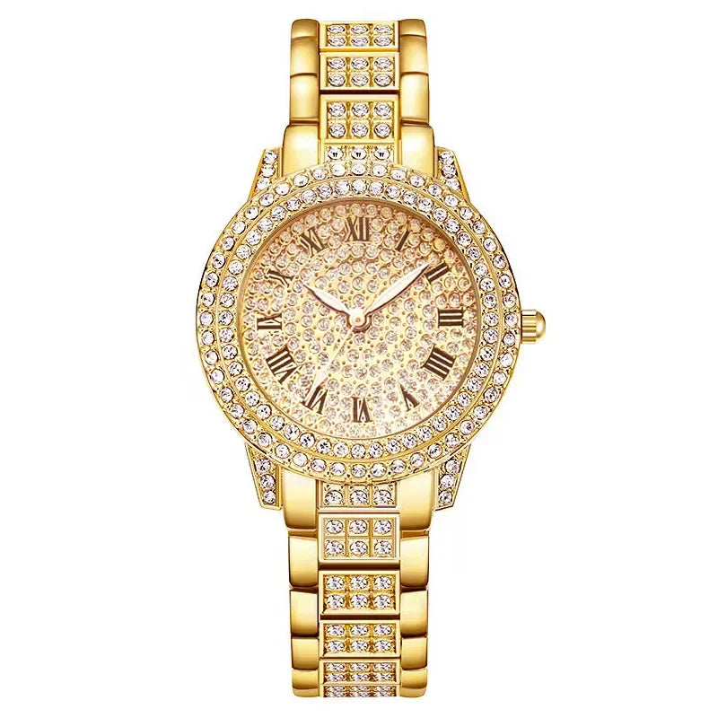 Women Wristwatches Relojes Para Mujer  Classic Golden  Women Alloy Strap Round Rhinestone Dail Quartz Watches
