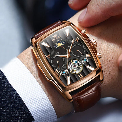 OLEVS Mens Watches Automatic Mechanical  Tourbillon Sport  Leather Casual  Retro Wristwatch Relojes Hombre